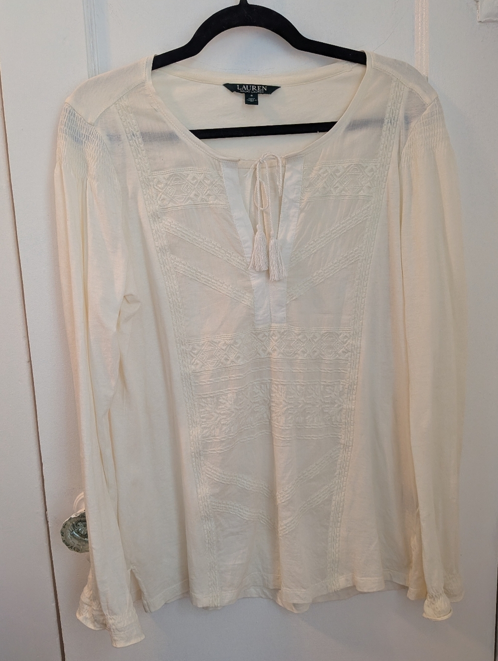 Ralph Lauren Bohemian Long Sleeved White Embroidered Blouse Tassels Beach Size S